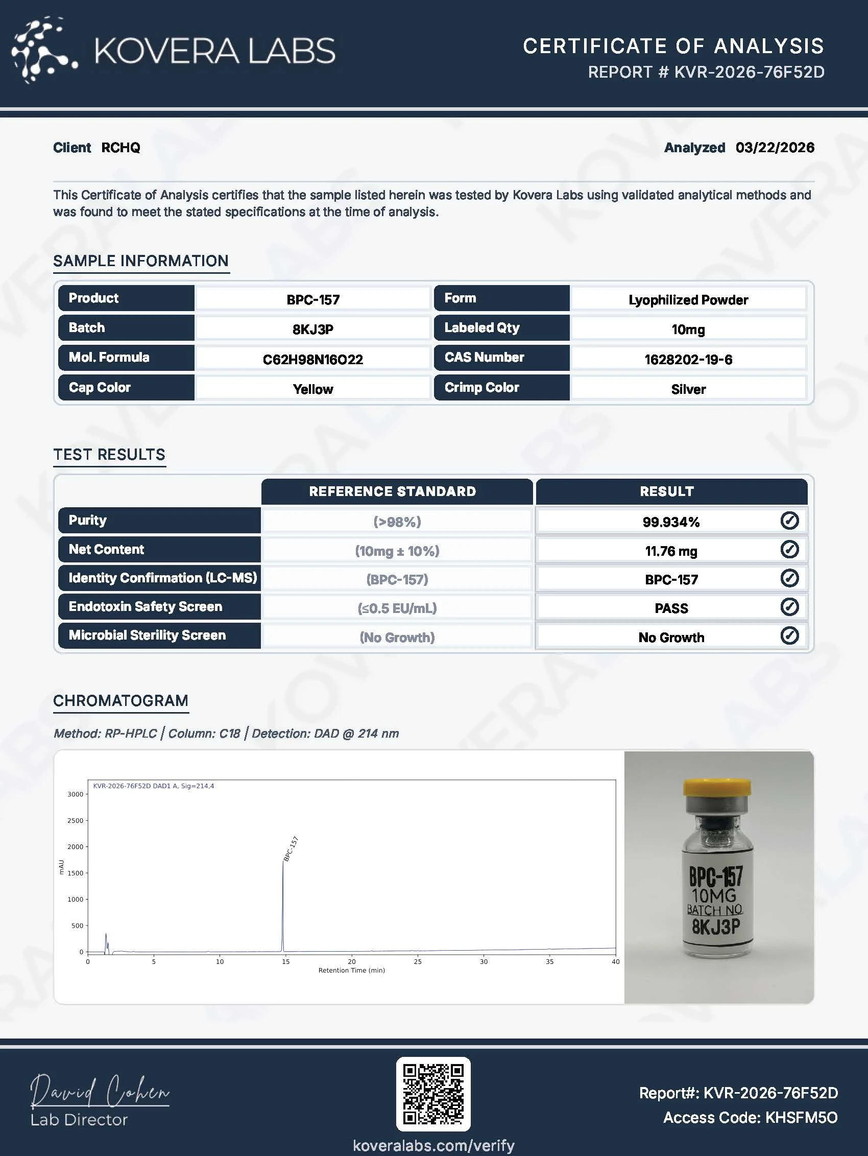 BPC-157 COA from March 2026 showing third-party lab-tested purity, batch verification, and quality results for research use only