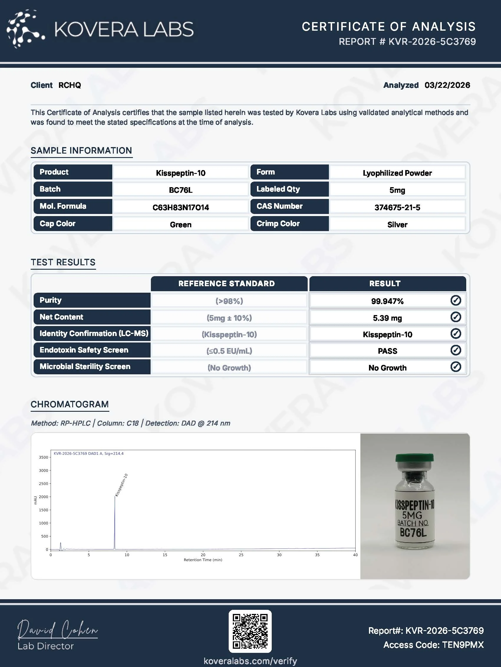 Kisspeptin-10 COA showing third-party lab-tested purity, batch verification, and quality results for research use only.