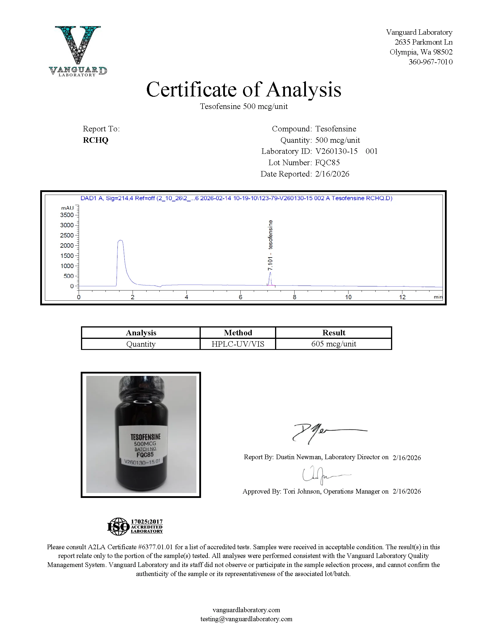Tesofensine COA showing third-party lab-tested purity, batch verification, and quality results for research use only.